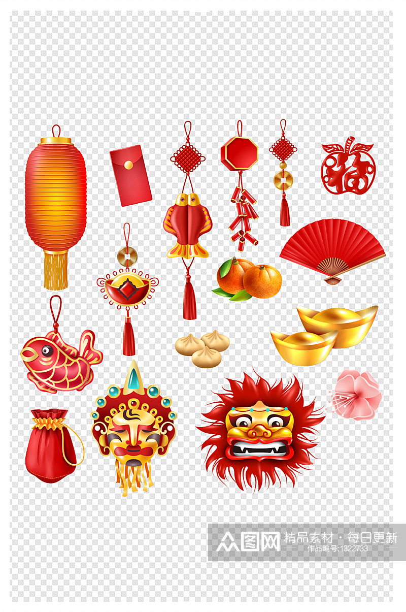 中国风春节元素灯笼锦鲤福袋红包元素素材