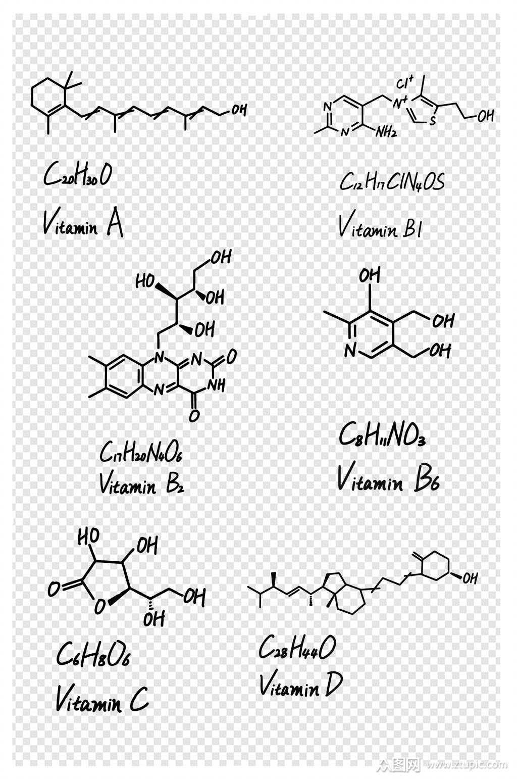 手写维生素化学结构式