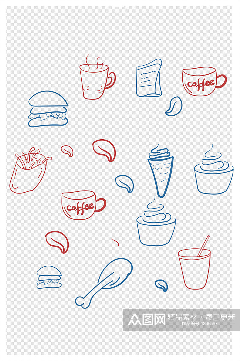 快餐西餐饮品店汉堡薯条咖啡饮料线条图案素材