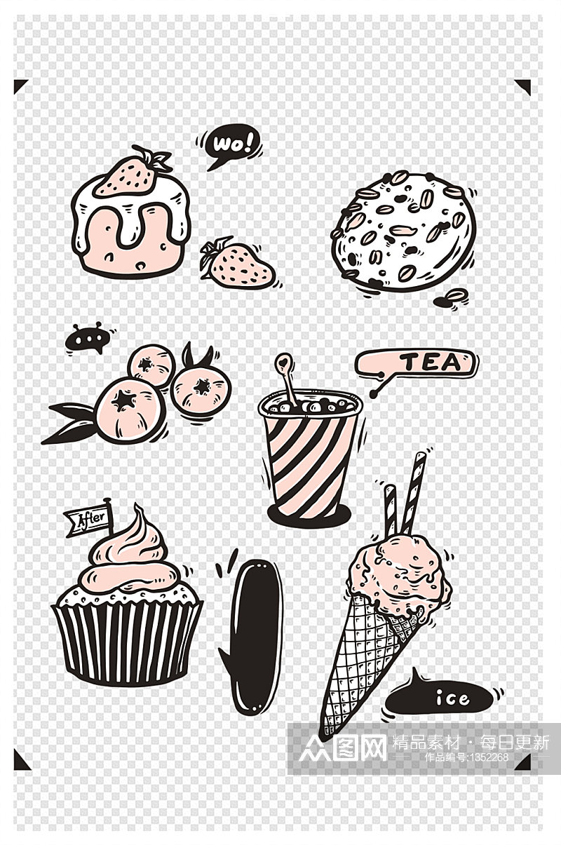 草莓蛋糕下午茶冰淇淋曲奇涂鸦简笔画素材