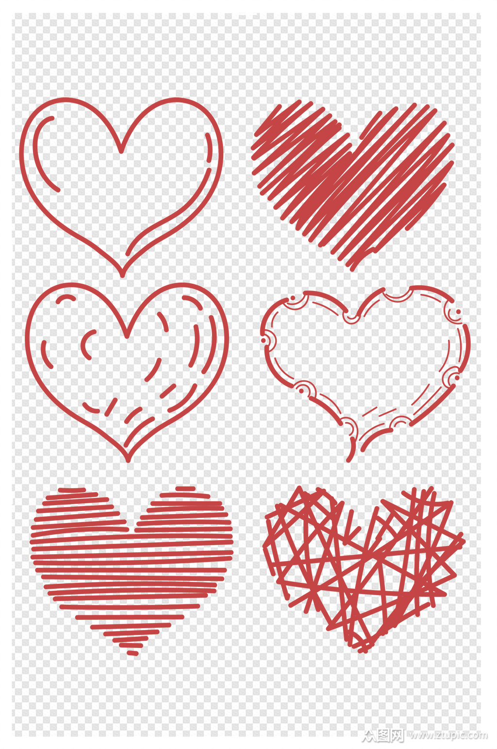 线条手绘爱心红心元素