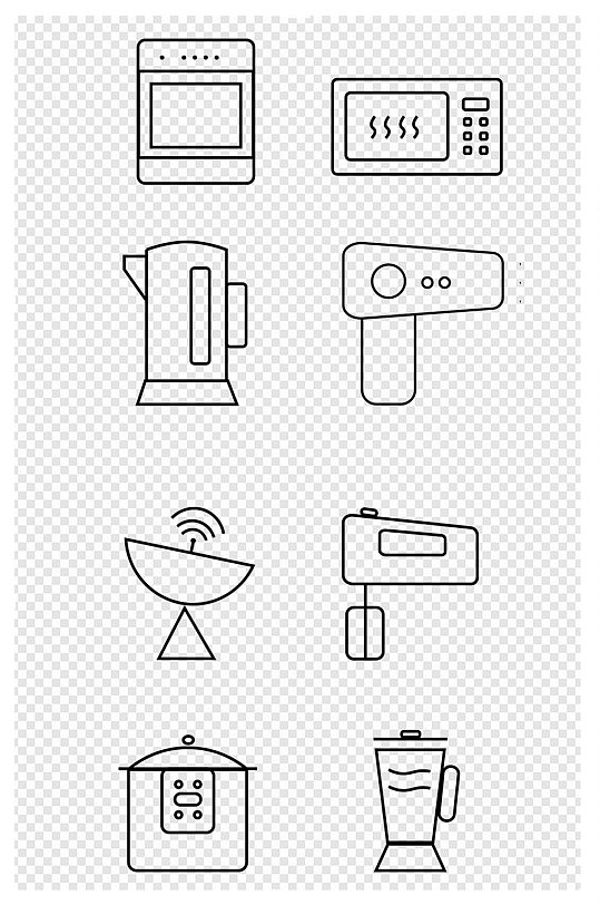 黑白厨房家电图标标志冰箱信号塔吹风机素材