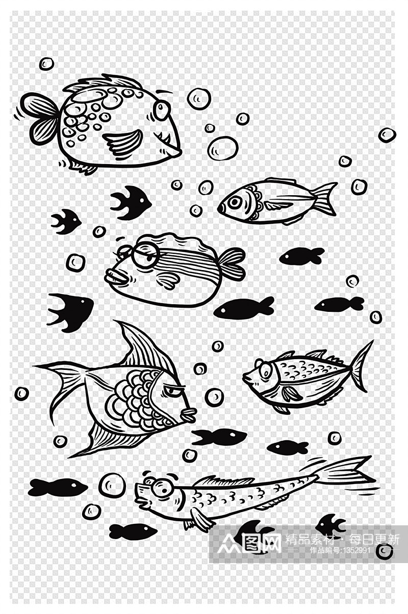 鱼群海洋生物鱼类金鱼卡通表情包涂鸦黑白素材