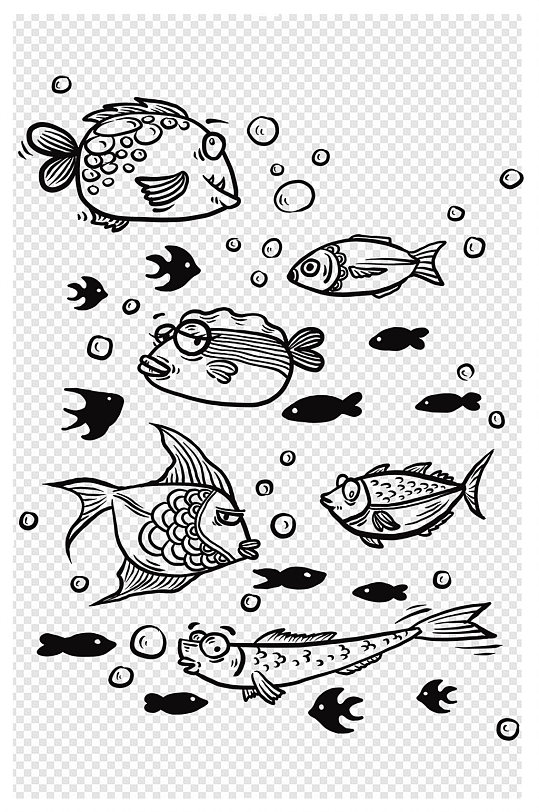 鱼群海洋生物鱼类金鱼卡通表情包涂鸦黑白