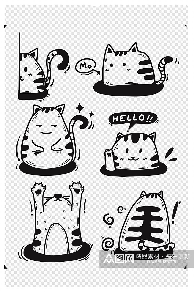 猫咪表情包黑白卡通猫爪治愈系手绘简笔画素材