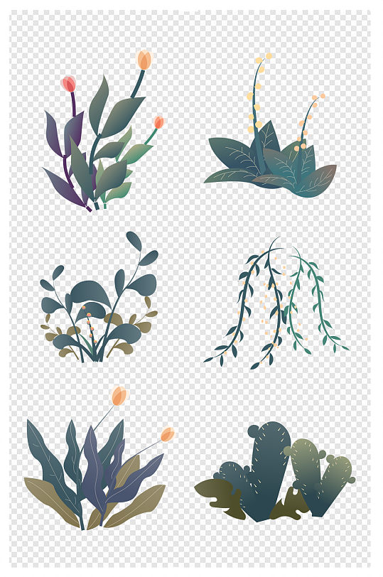 手绘春天绿色植物花草绿叶插画元素