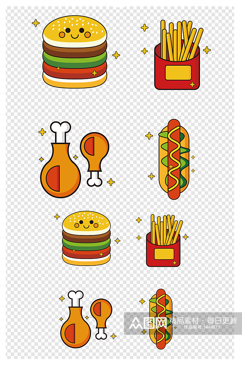 手绘风格汉堡面包薯条鸡腿快餐图标素材