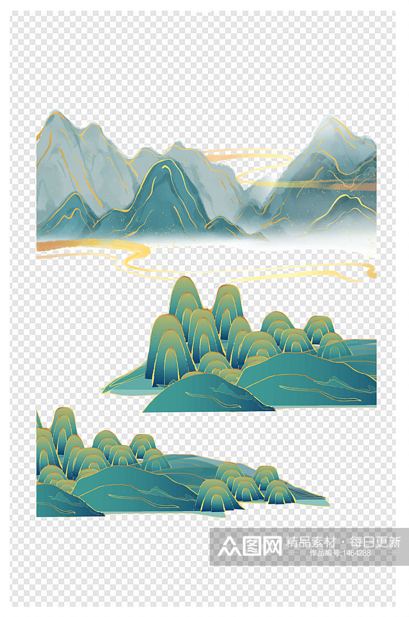 新中式手绘国潮青山群山云雾缭绕山水远山素材