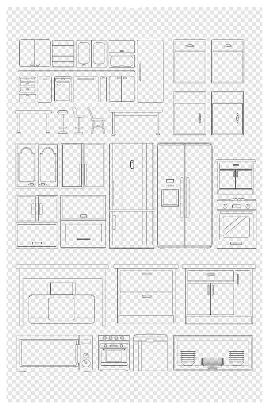 厨房烹饪工具厨房橱柜线描手绘卡通素材