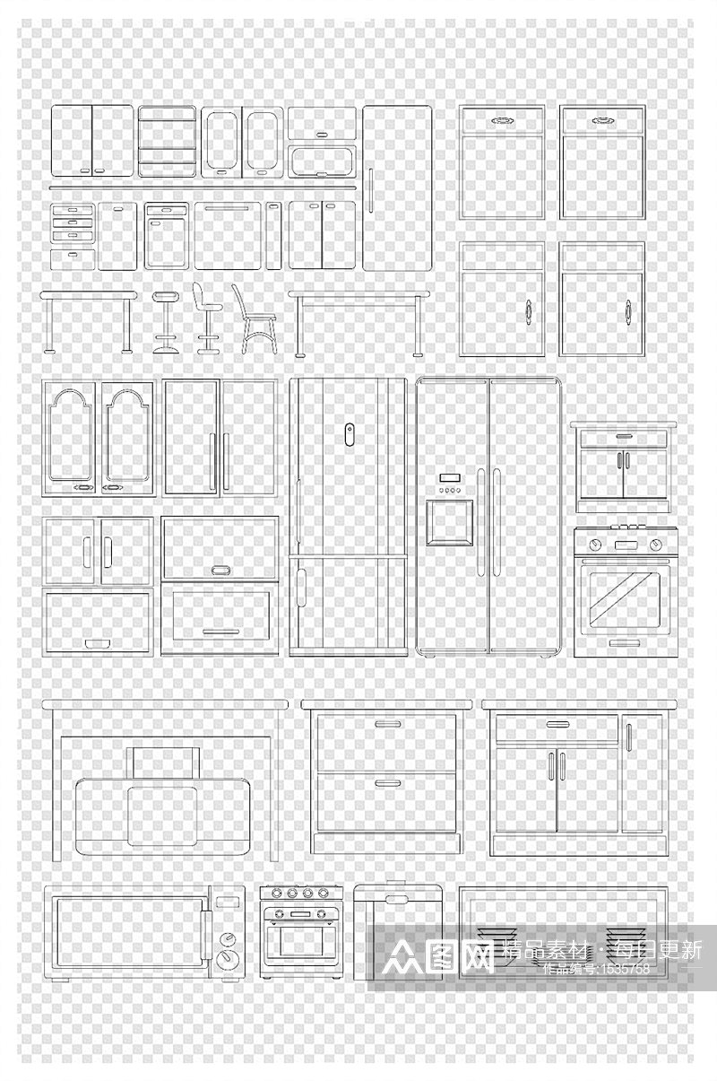 厨房烹饪工具厨房橱柜线描手绘卡通素材素材