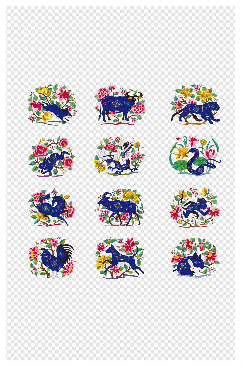 十二生肖传统手绘矢量插画动物中国风老旧