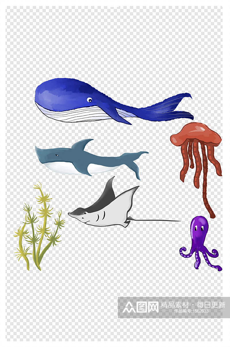 海洋鱼类卡通手绘可爱蝠鲼鲸鱼平面元素素材
