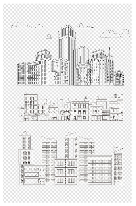 线描可爱卡通城市建筑高楼大厦手绘素材