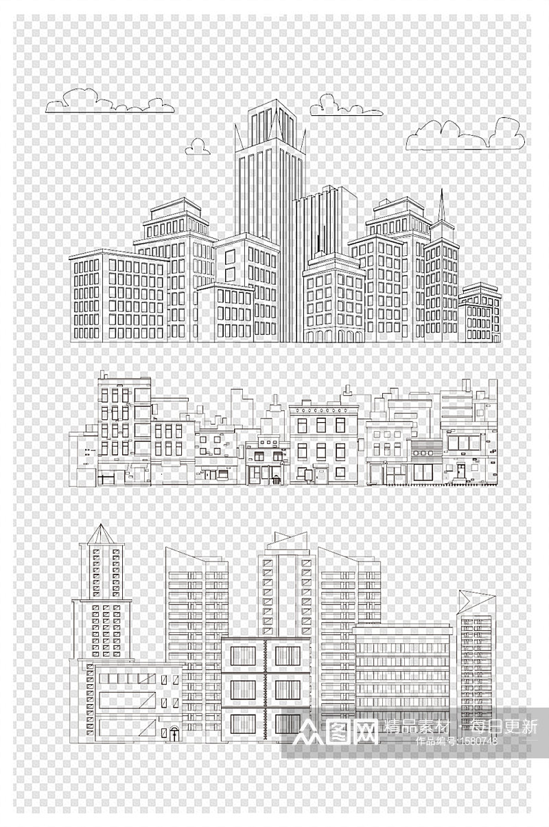 线描可爱卡通城市建筑高楼大厦手绘素材素材