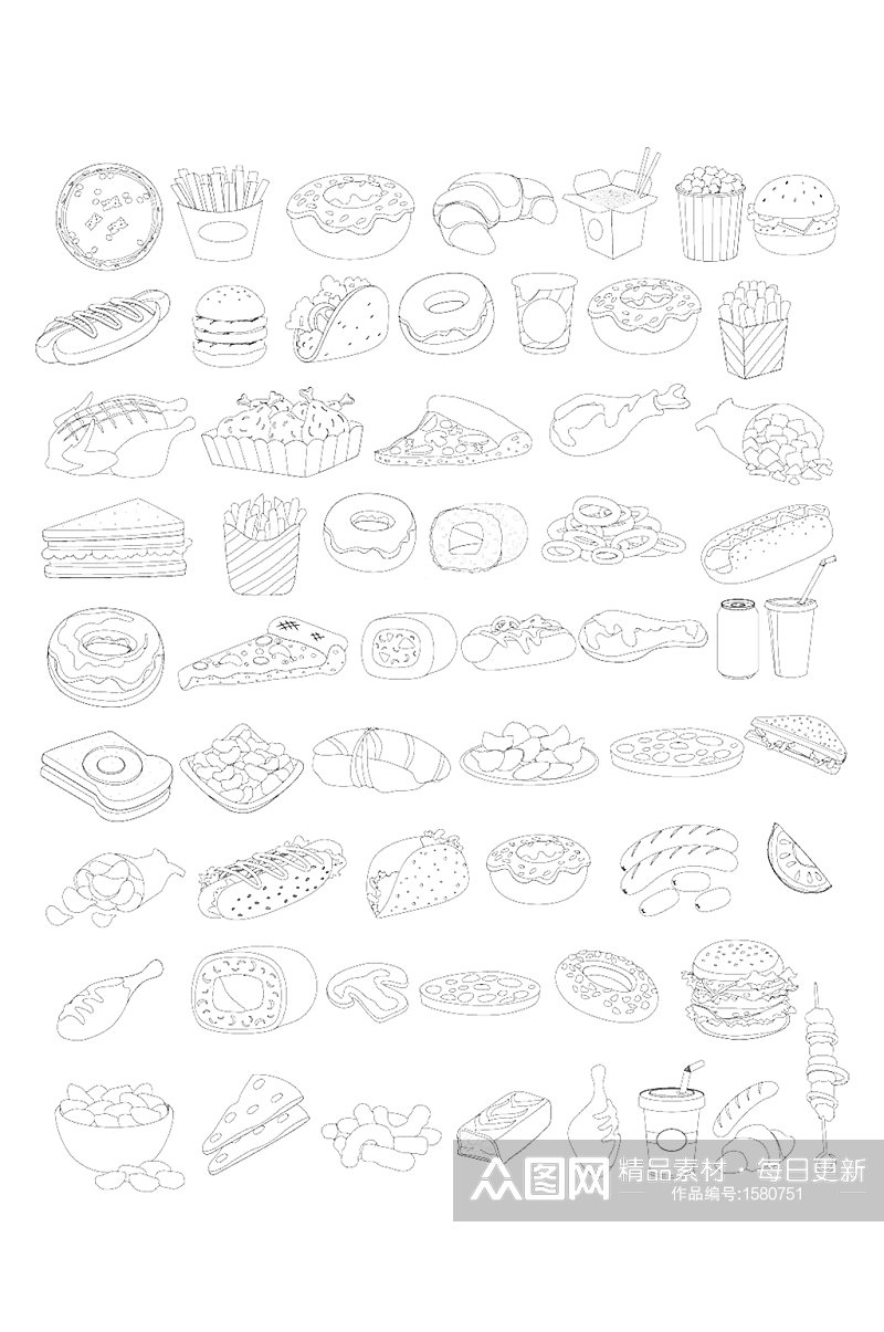 线描西餐快餐汉堡饮品可爱卡通食品手绘素材素材