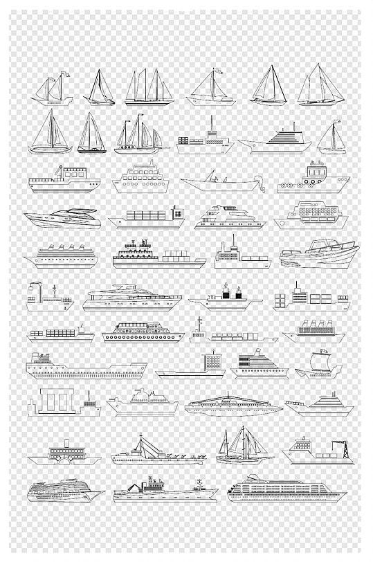 线描可爱卡通各类船只交通运输工具手绘素材