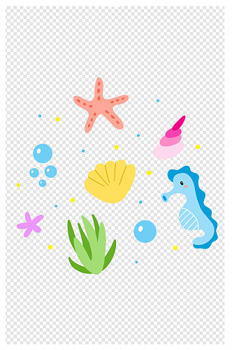 手绘卡通海洋动物海马水彩海星泡泡手帐图案