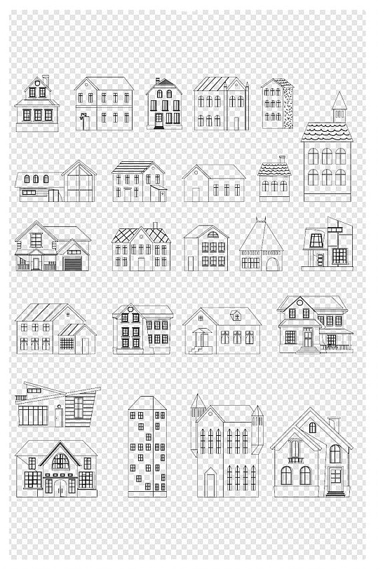线描可爱卡通城市建筑居民楼大厦手绘素材