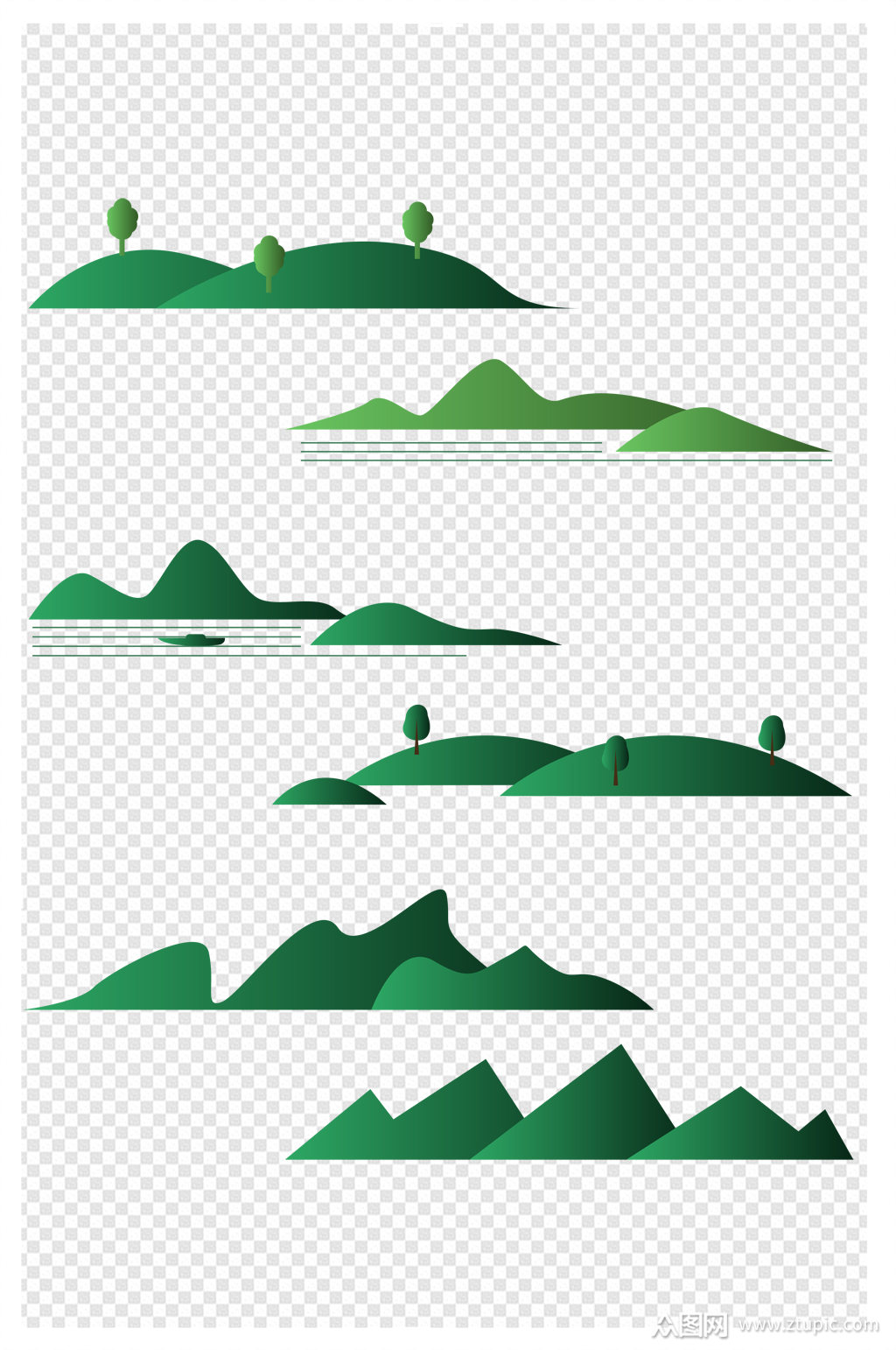绿色卡通春天山水青山郊游花边元素
