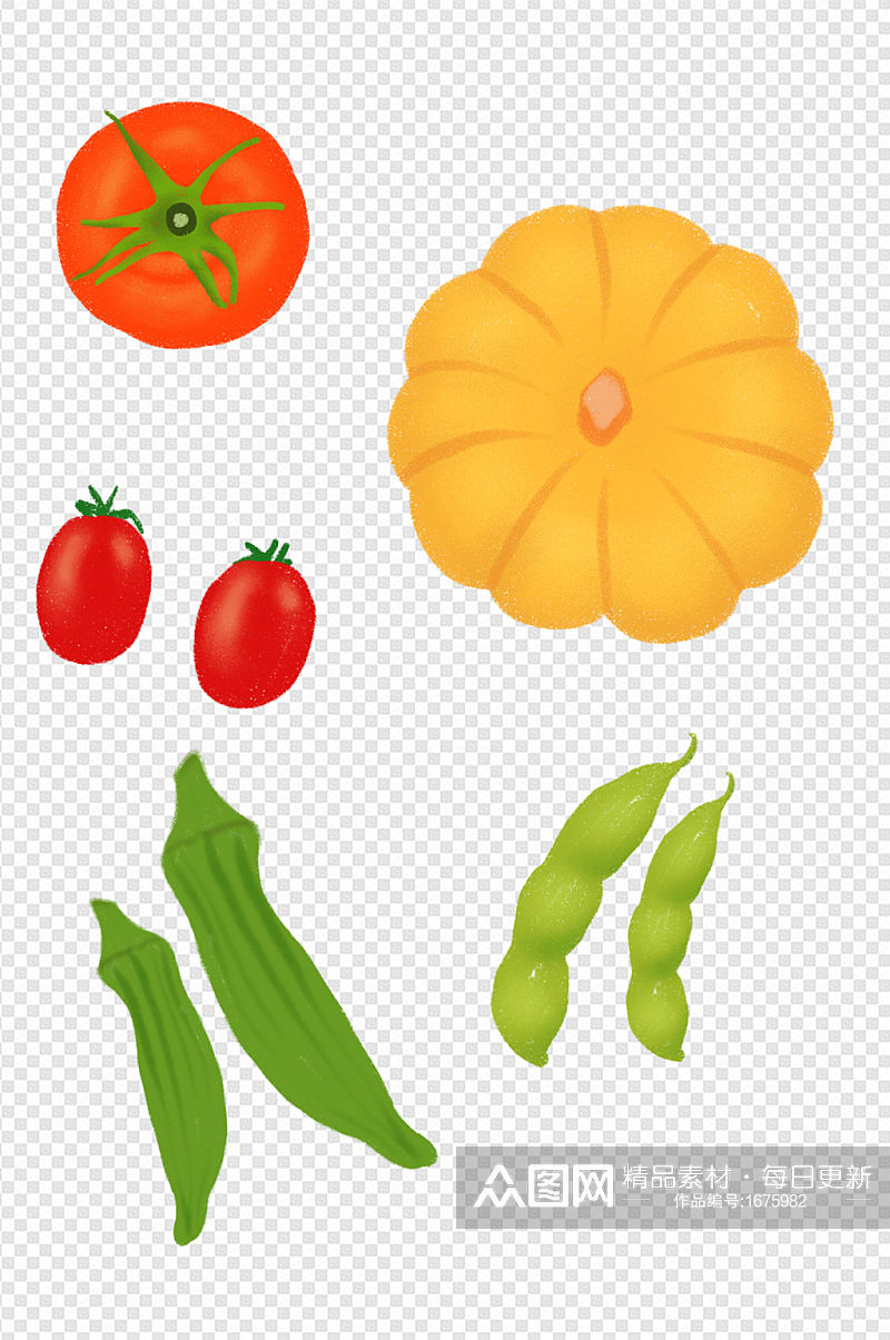 蔬菜组合番茄南瓜圣女果秋葵豆角西红柿手绘素材