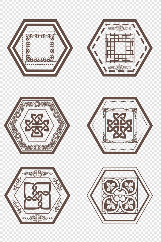 中国风复古古典装饰纹样六边形窗户元素