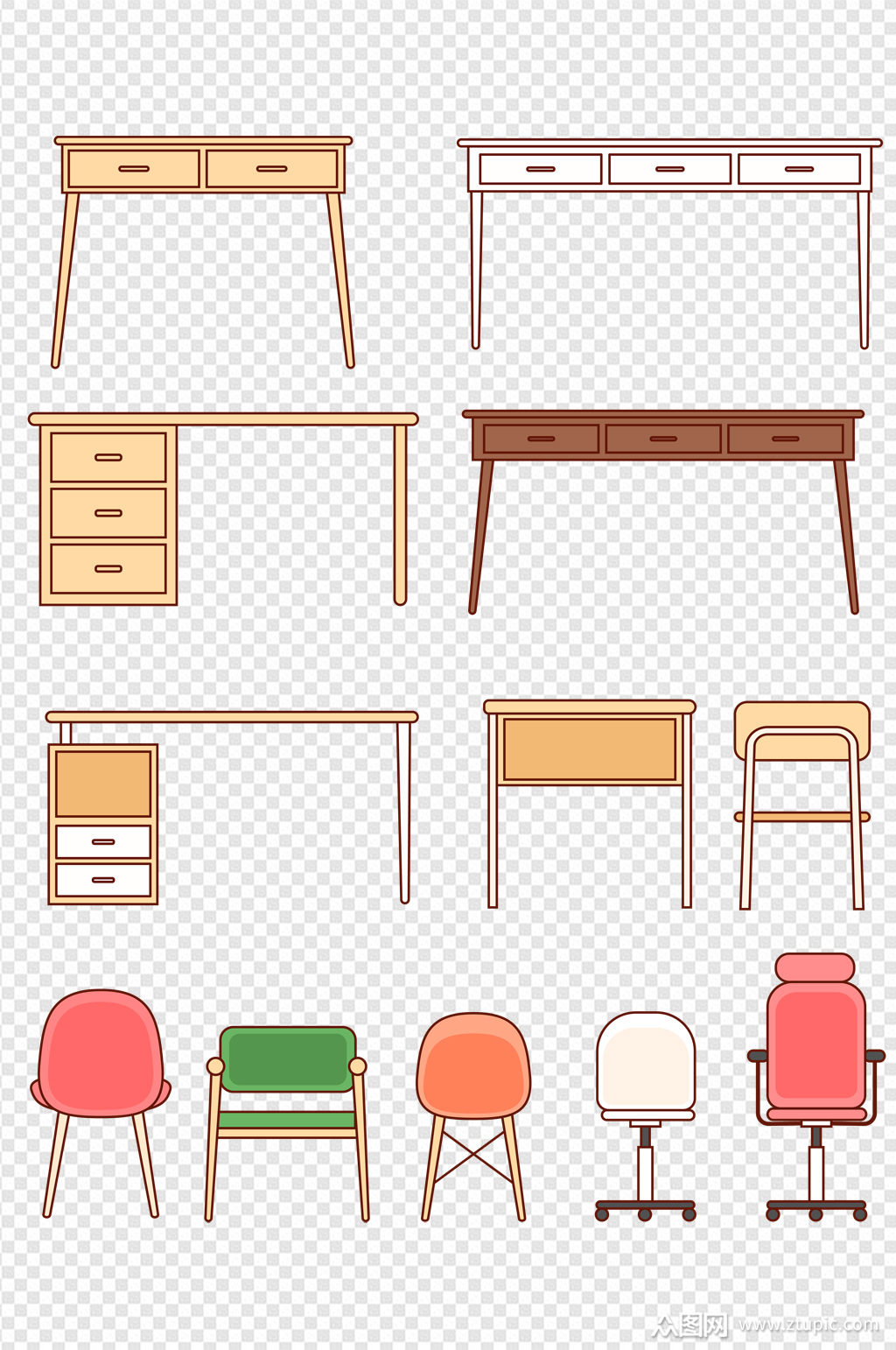 卡通手绘线条插画书桌椅子插画元素