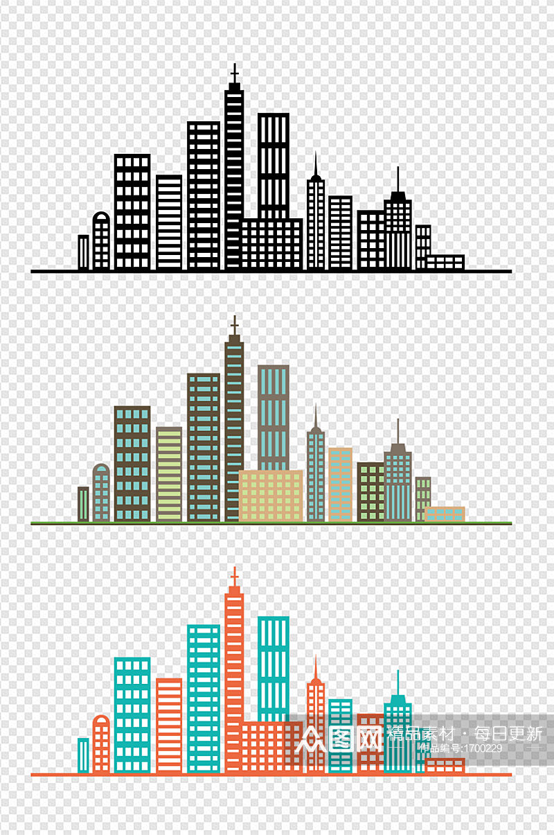 手绘城市建筑高楼大厦剪影元素素材