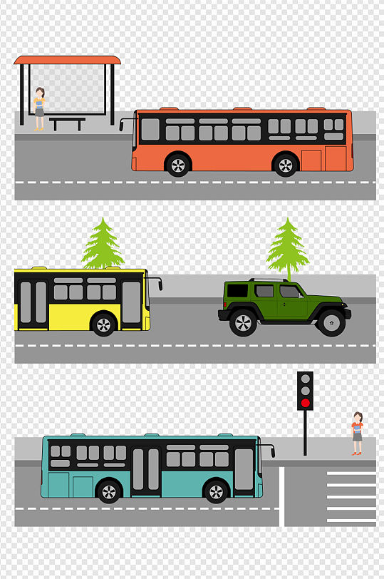 手绘城市行驶的公交车汽车场景元素