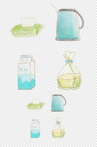 水彩手绘卡通厨房小物件纸抽牛奶