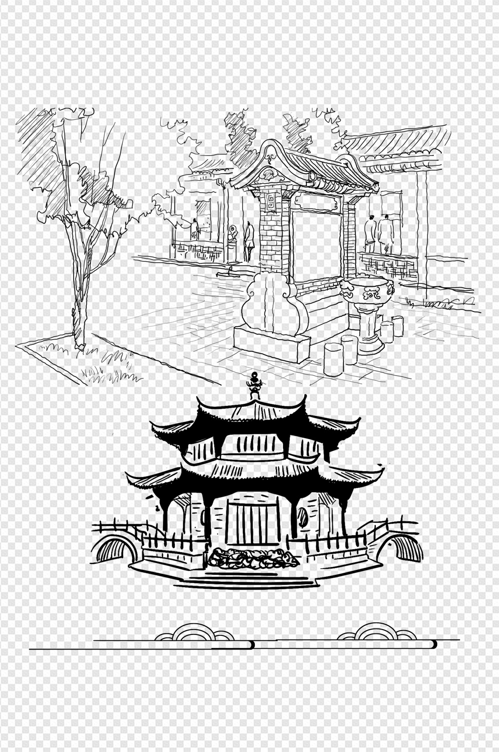 中国风古典建筑乡村宝塔线条素材