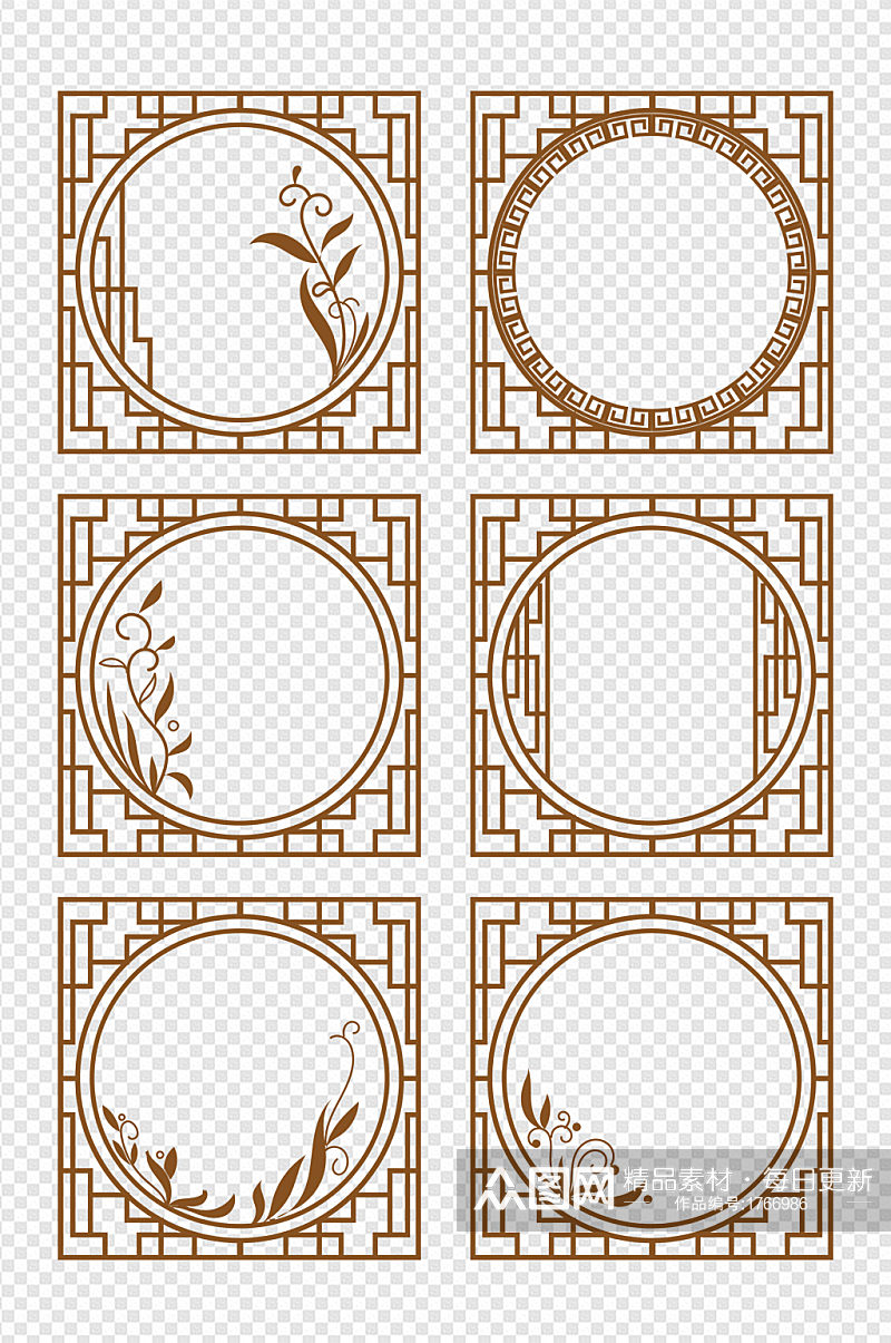 中式圆框手绘古风装饰新中式元素素材
