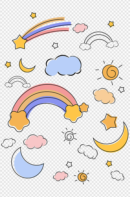 手绘卡通装饰小元素云朵星星太阳月亮彩虹