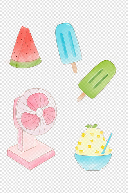 卡通手绘水彩夏天元素西瓜冰棒雪糕风扇冰沙