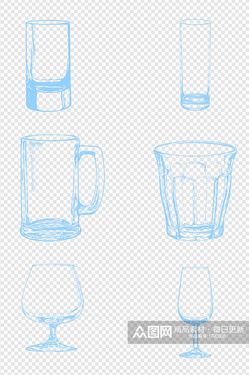 手绘玻璃容器高脚杯啤酒杯水杯线稿素材