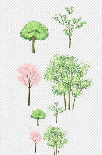 手绘绿色树木灌木树干樱桃花树元素材