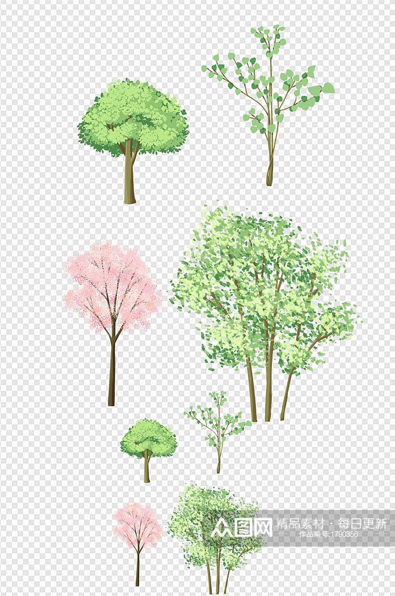 手绘绿色树木灌木树干樱桃花树元素材素材