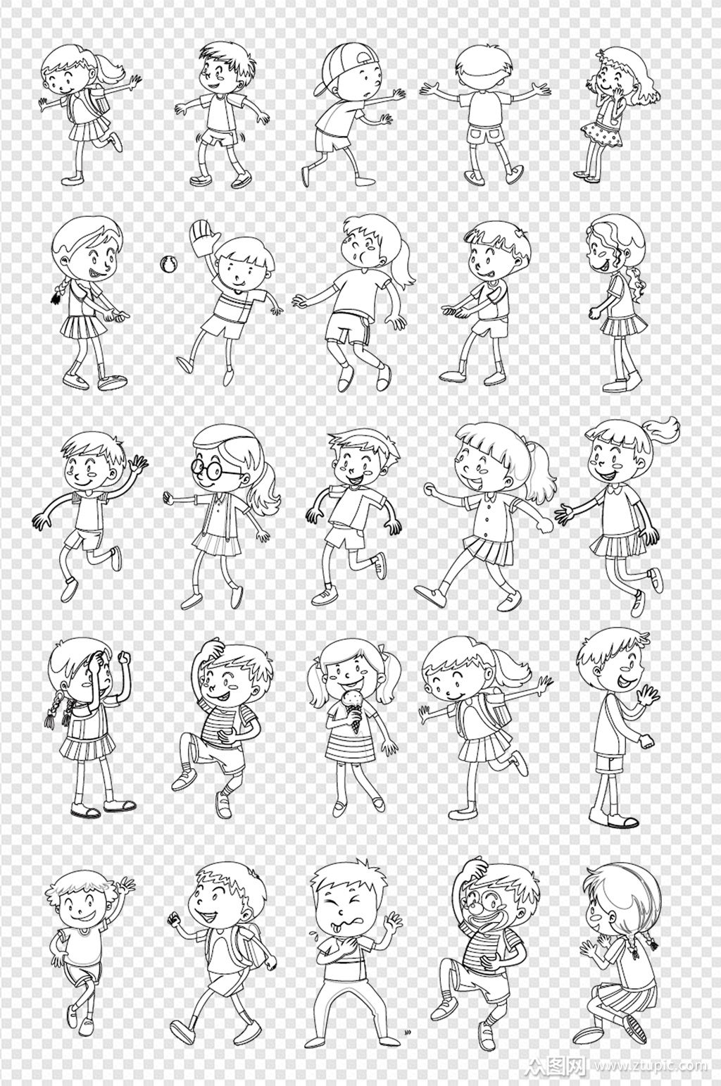 儿童节手绘线描卡通人物小孩子玩耍动作素材