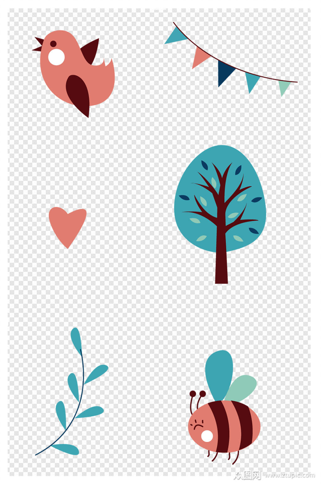 扁平春季植物叶子花鸟昆虫春天元素