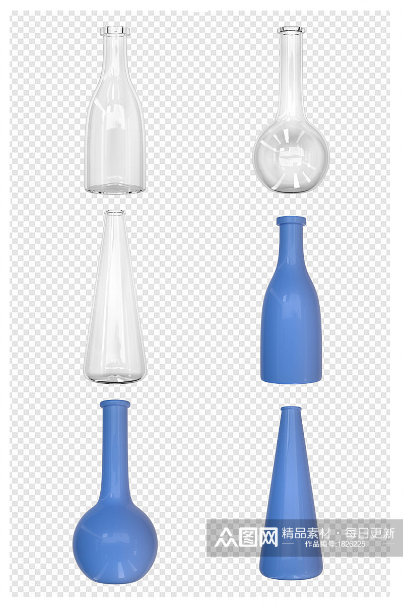 C4D实拍免扣透明蓝色彩色玻璃瓶漂流瓶素材
