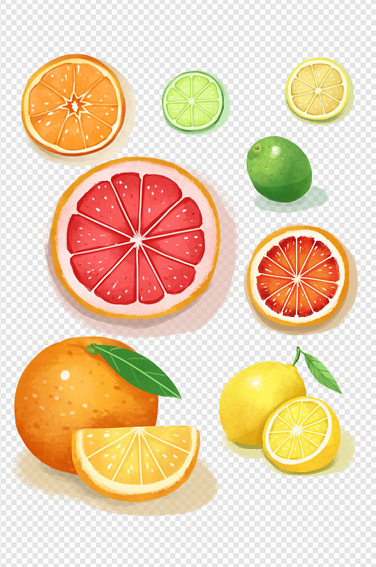 卡通手绘柠檬橙橘子青柠西柚水果饮料元素材