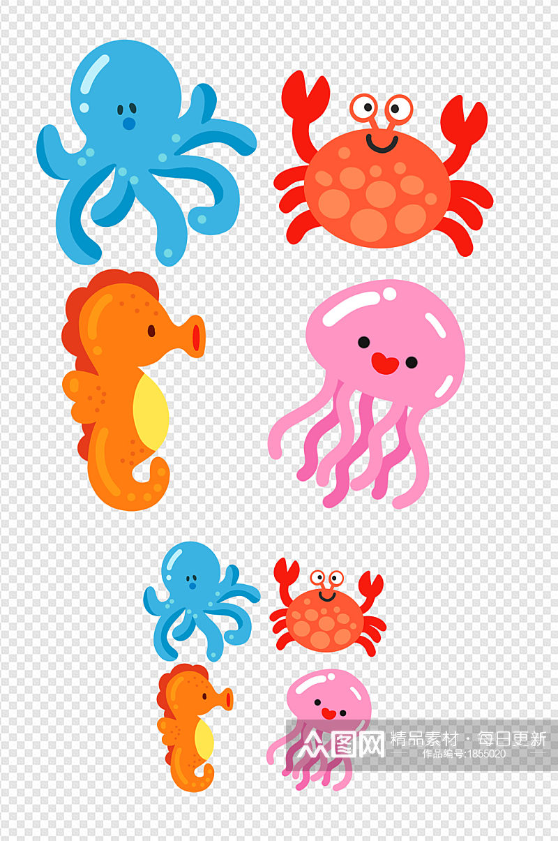 可爱卡通手绘海洋章鱼螃蟹海马水母素材