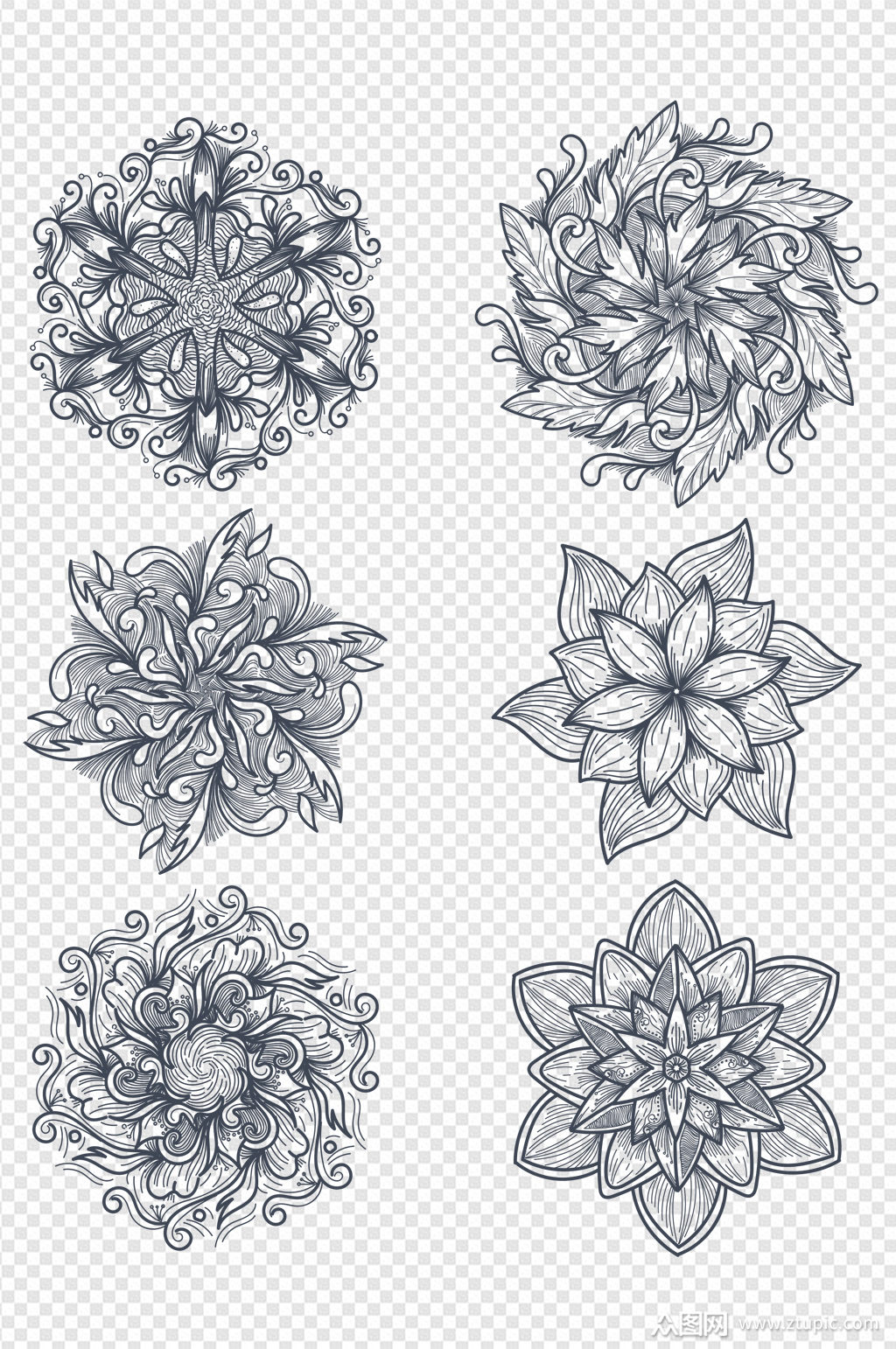 中式欧式古典花纹花朵底纹白描线稿图案