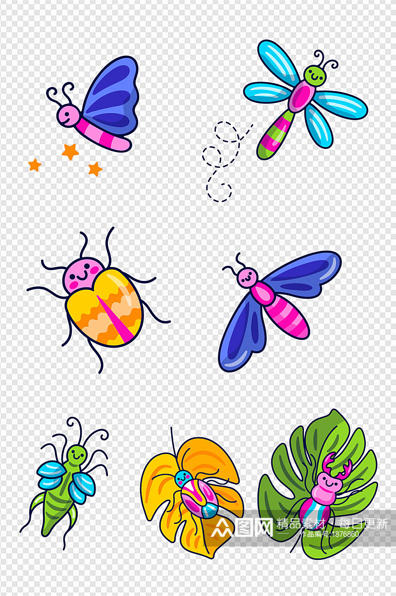 卡通昆虫蜻蜓蜜蜂蝴蝶甲壳虫春夏动物贴纸素材