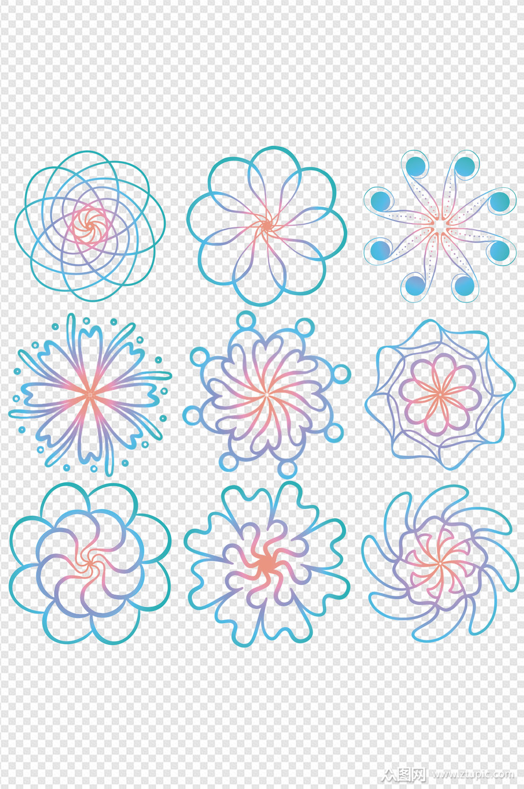 手绘对称花纹装饰图案线性