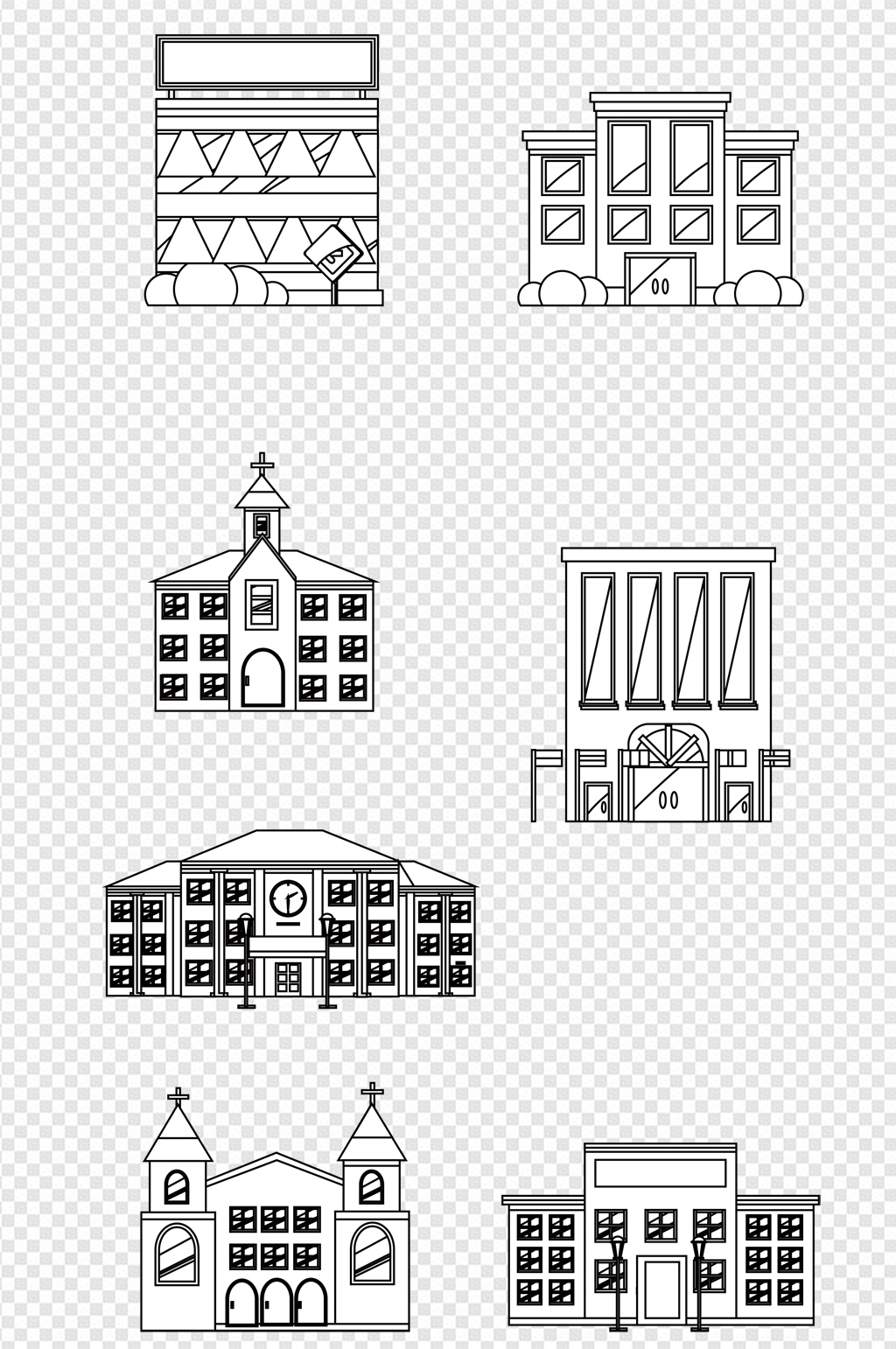 手绘卡通教学楼学校建筑楼房线描