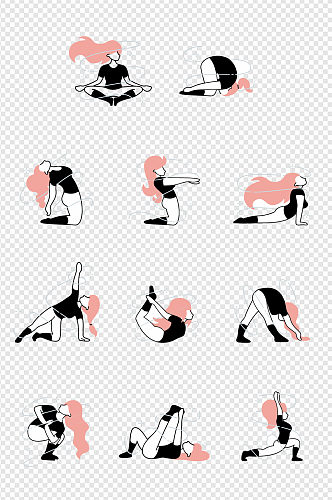 瑜伽女孩运动可爱手绘元素图标