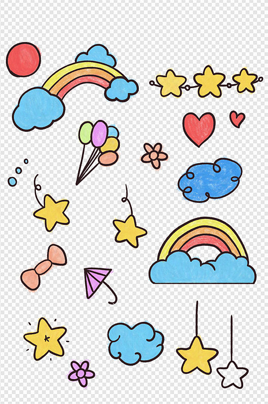 手绘卡通六一装饰彩虹星星云朵心形气球