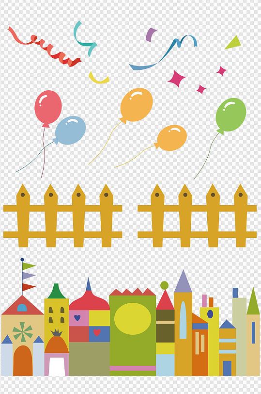 儿童节欢乐氛围城堡气球栏杆彩带元素