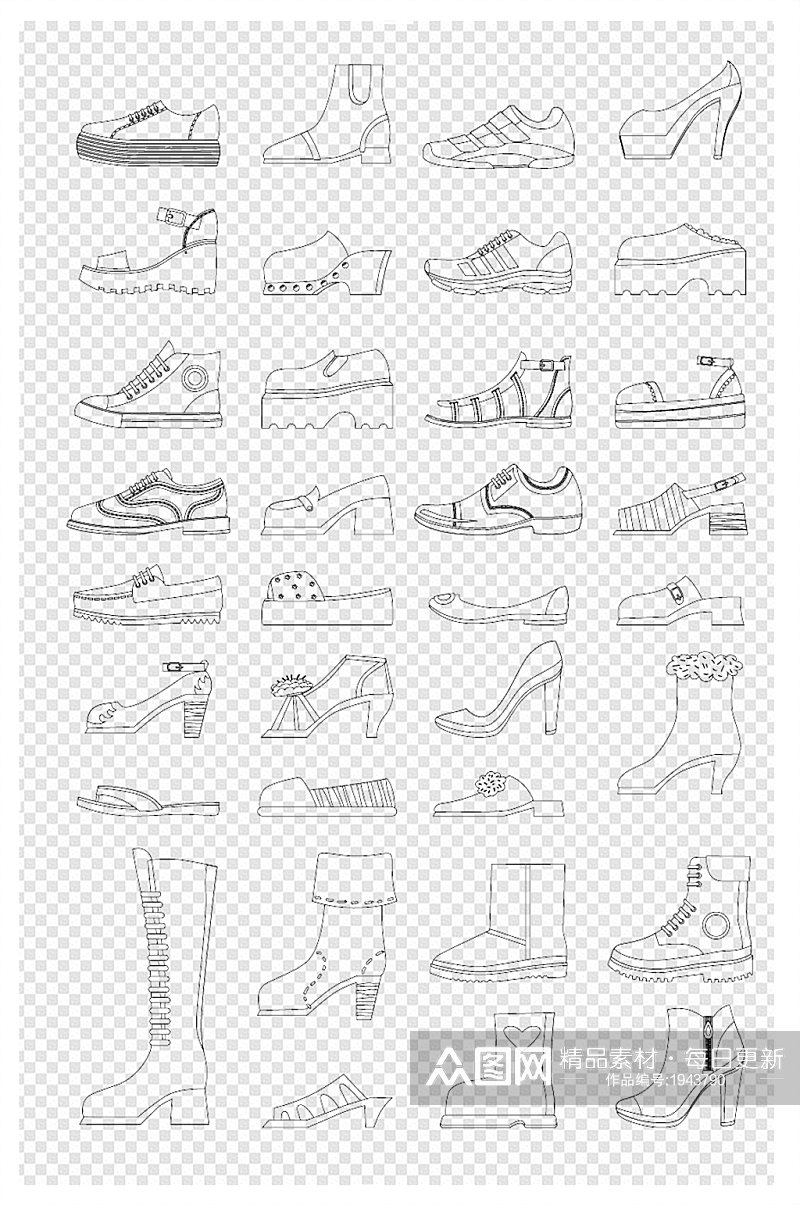 卡通手绘可爱线描各种鞋子合集素材