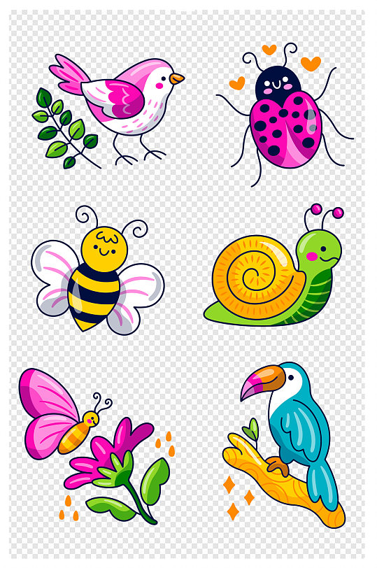 昆虫鸟蝴蝶蜜蜂蜗牛春夏动物可爱卡通贴纸